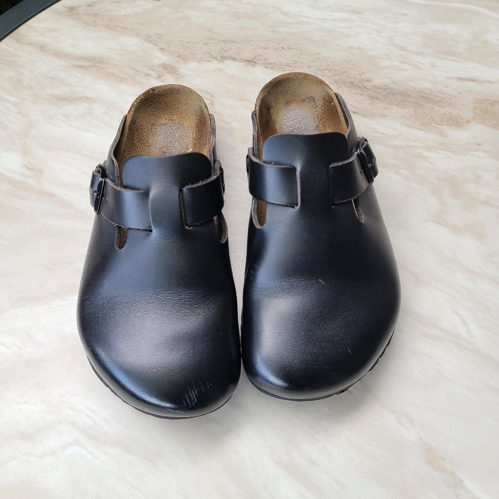 Birkenstock Black Leather Boston Clogs Size EU 37